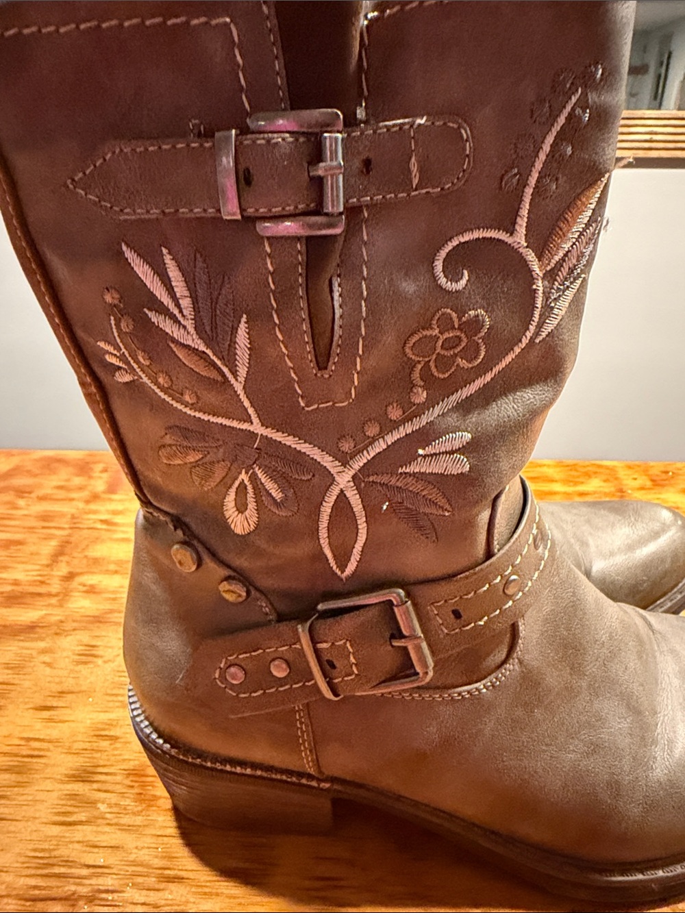 Charlie Paige Brown Embroidered Mid-Calf Heeled Boot